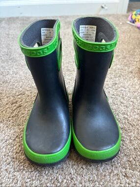 Bogs Kids Black Rain Boots with Green Trim